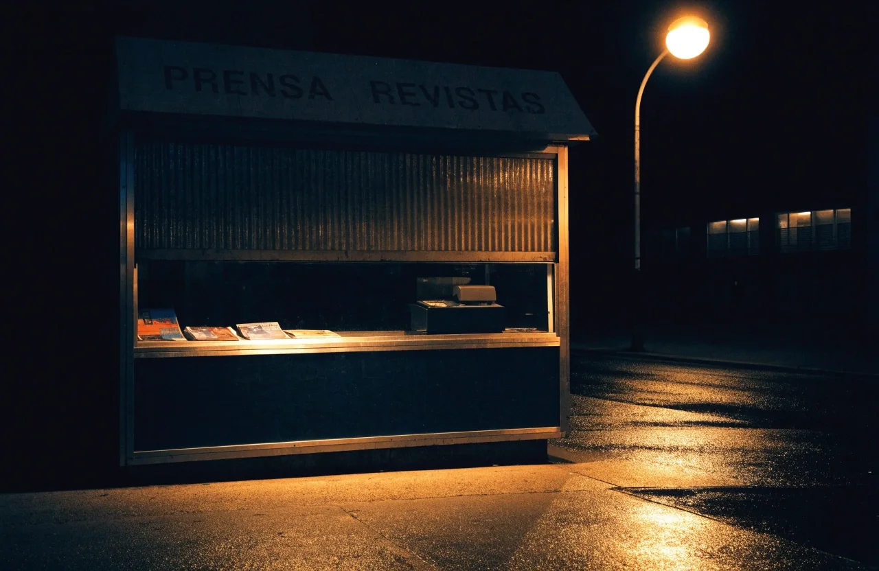 Avenida de una ciudad española de madrugada, con el asfalto mojado por la lluvia y luz de farola sobre el suelo