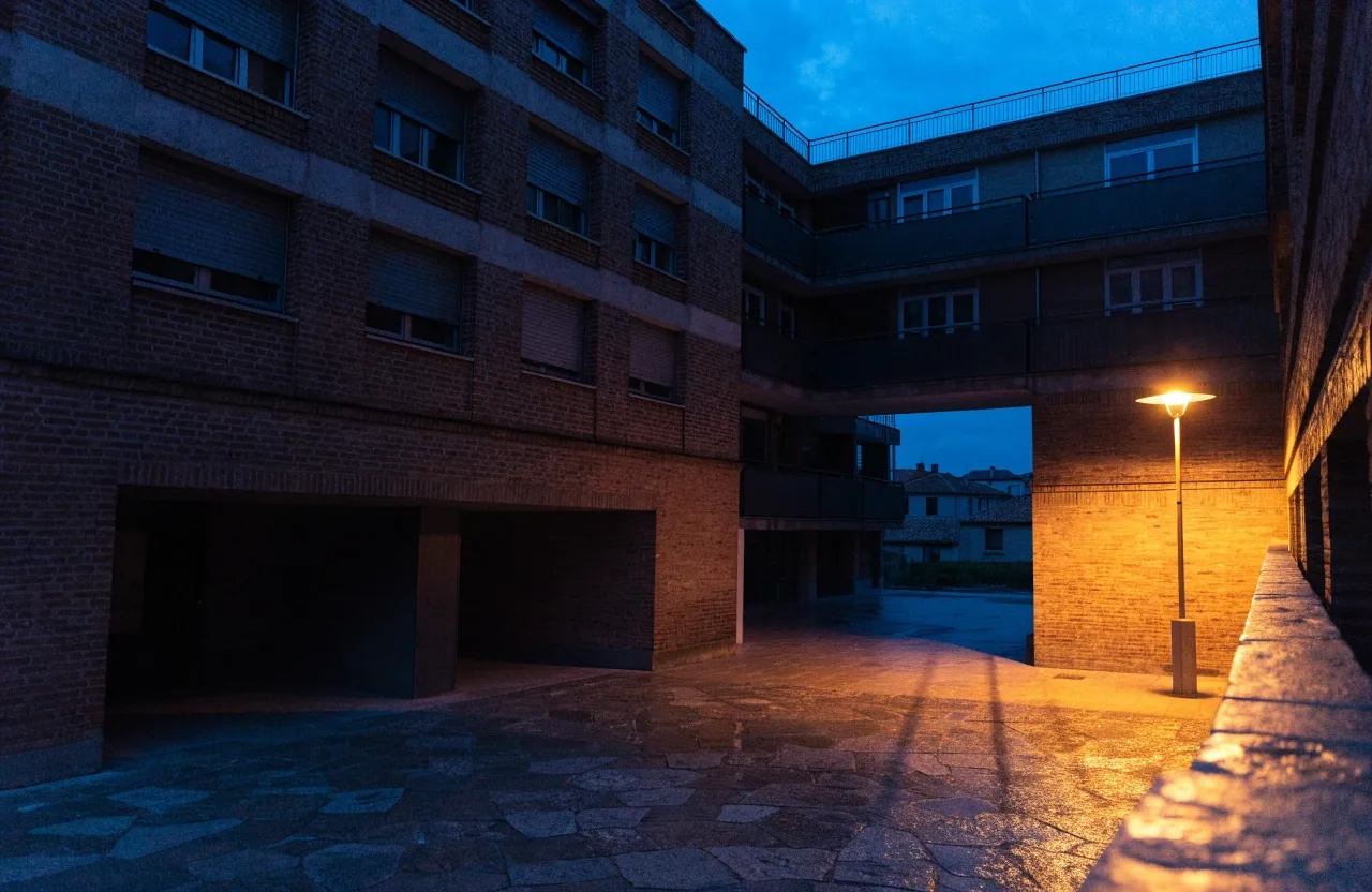 Escalinata y plaza vacía de un edificio público español al atardecer, con luz de farola entrando desde un lateral