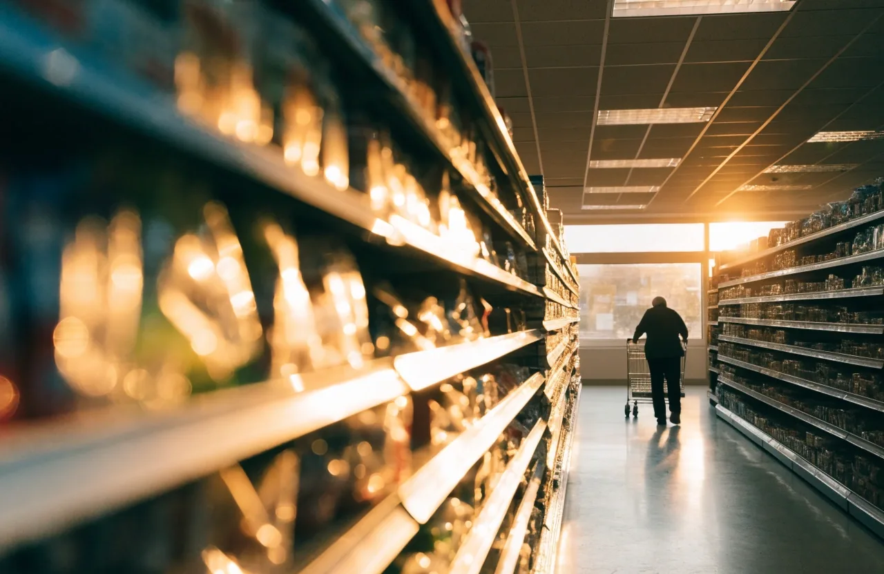 Pasillo de supermercado español con una persona al fondo, estanterías desenfocadas