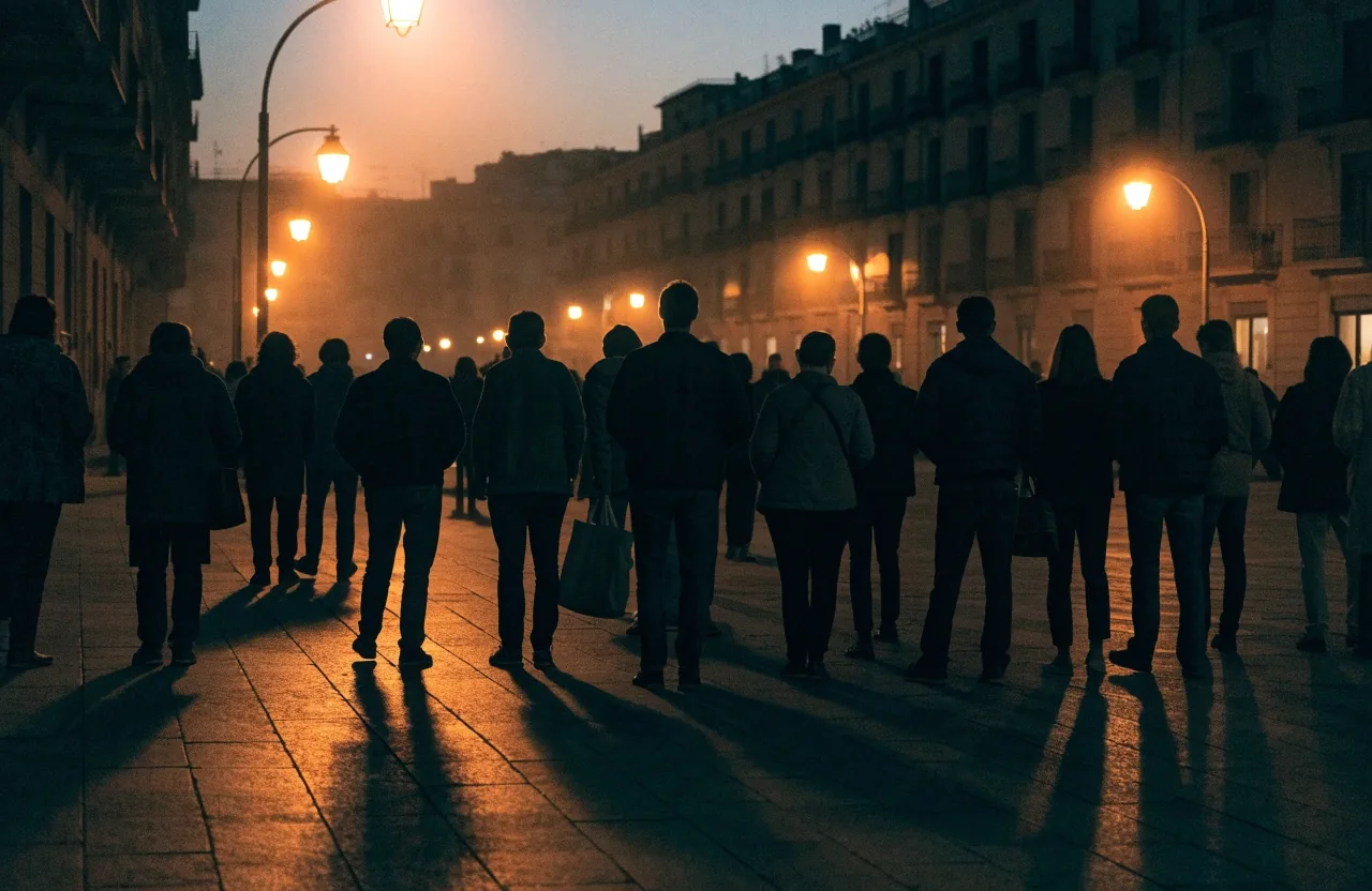 Plaza de una ciudad española al anochecer con una concentración dispersa vista de espaldas
