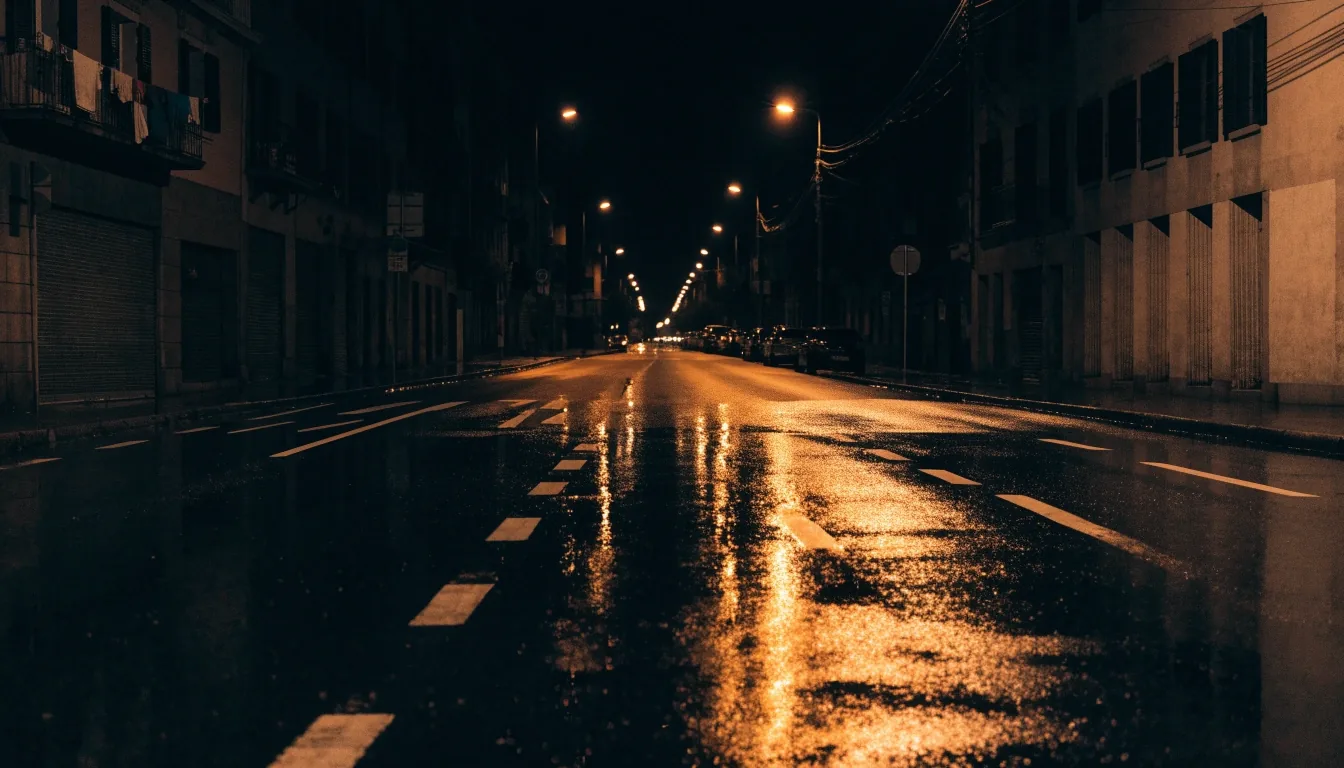 Avenida de Barcelona de madrugada tras la lluvia, con luz de sodio sobre el asfalto