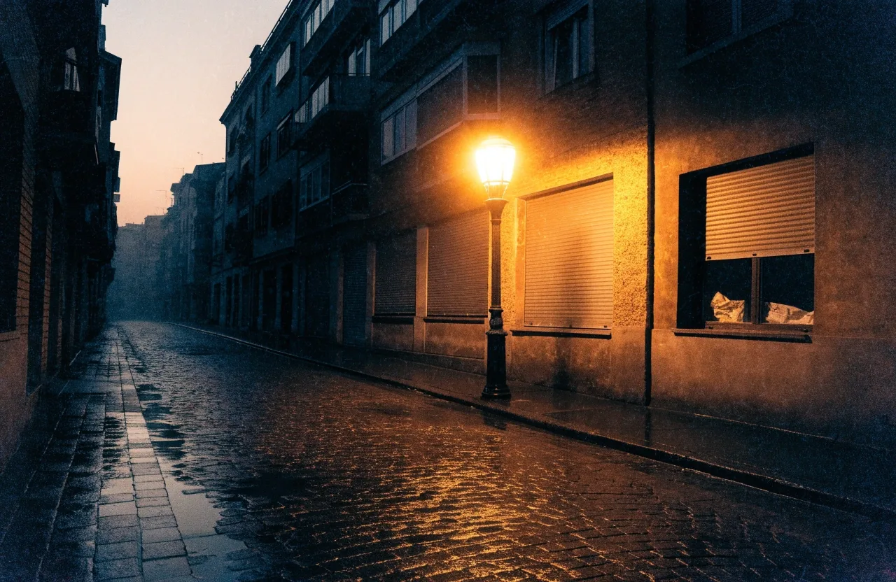 Calle residencial de Barcelona tras la lluvia, con farola de sodio reflejada en el suelo
