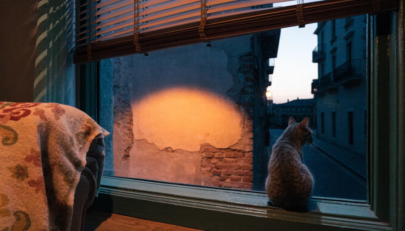 Mesa de lectura junto a una ventana al atardecer, con el periódico doblado y luz de sodio entrando desde la calle