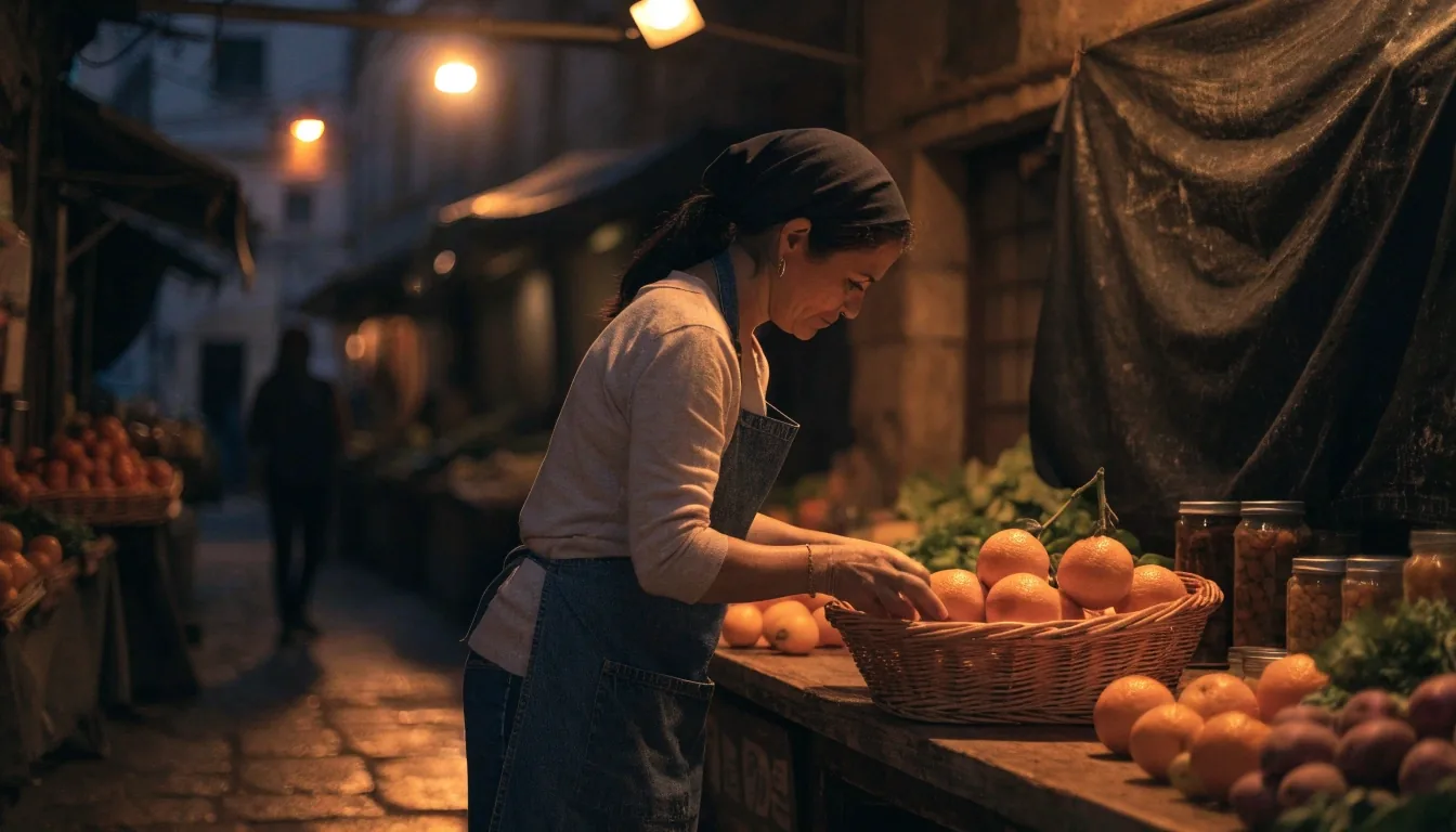 Puesto de mercado de barrio al atardecer, con manos ordenando producto