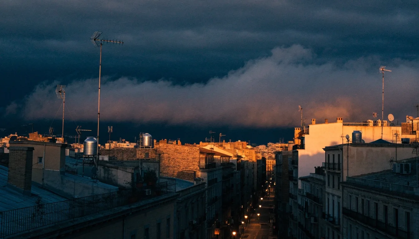 Vista del skyline de Barcelona al anochecer bajo nubes bajas, con las farolas encendiéndose