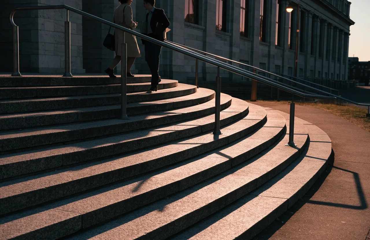 Escalinata de piedra hacia la entrada de un edificio público al atardecer