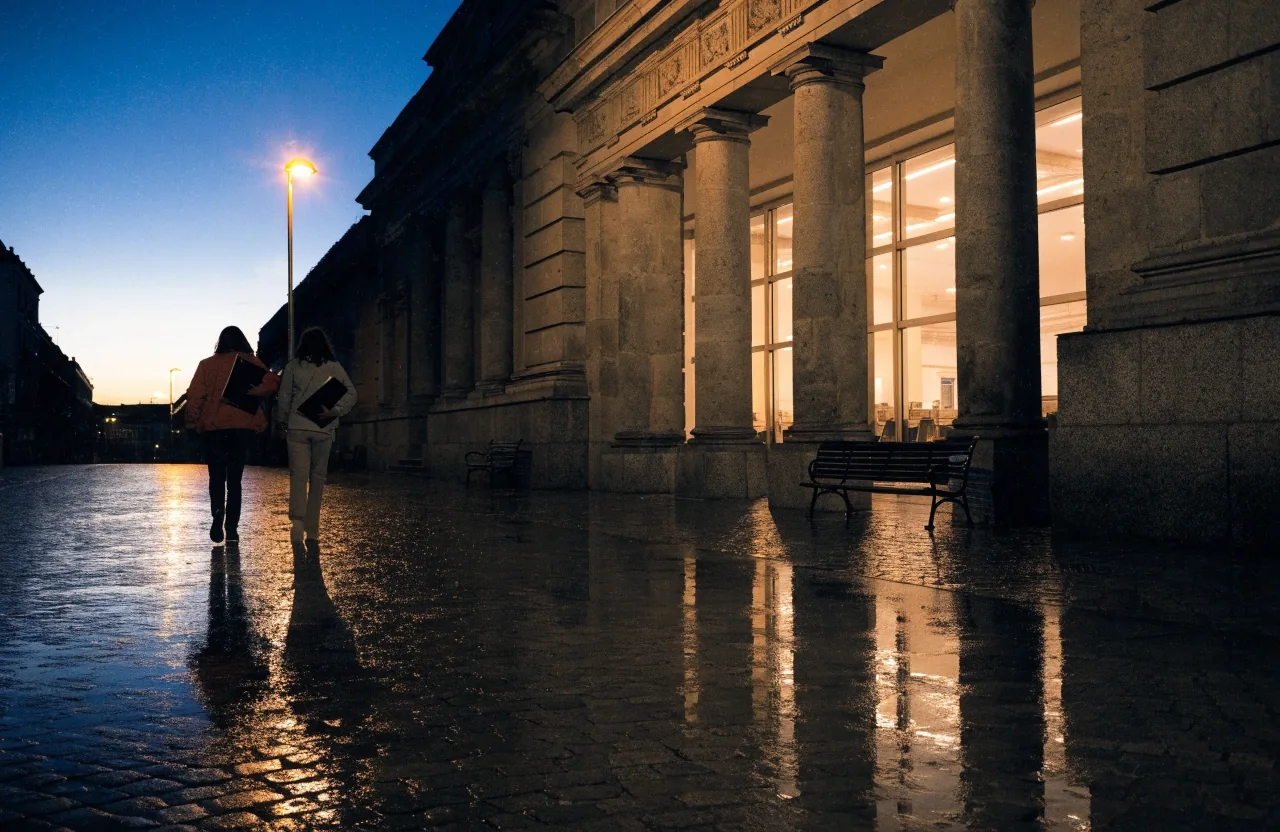 Esquina de calle mojada de noche con reflejos en el asfalto