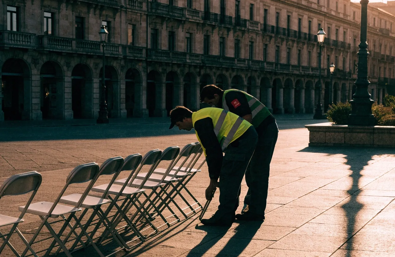Fila de sillas plegables preparadas en una plaza antes de un acto