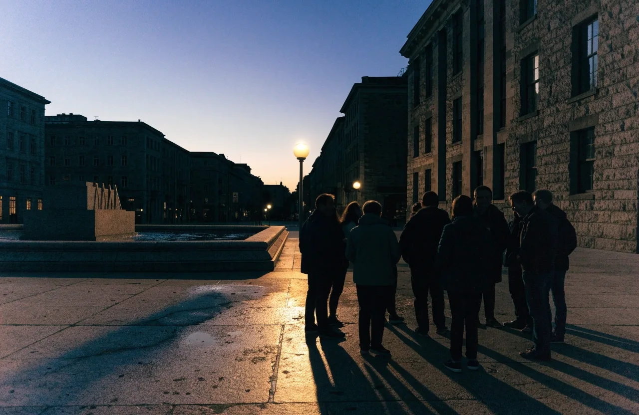 Personas reunidas en una plaza urbana al atardecer vistas desde lejos