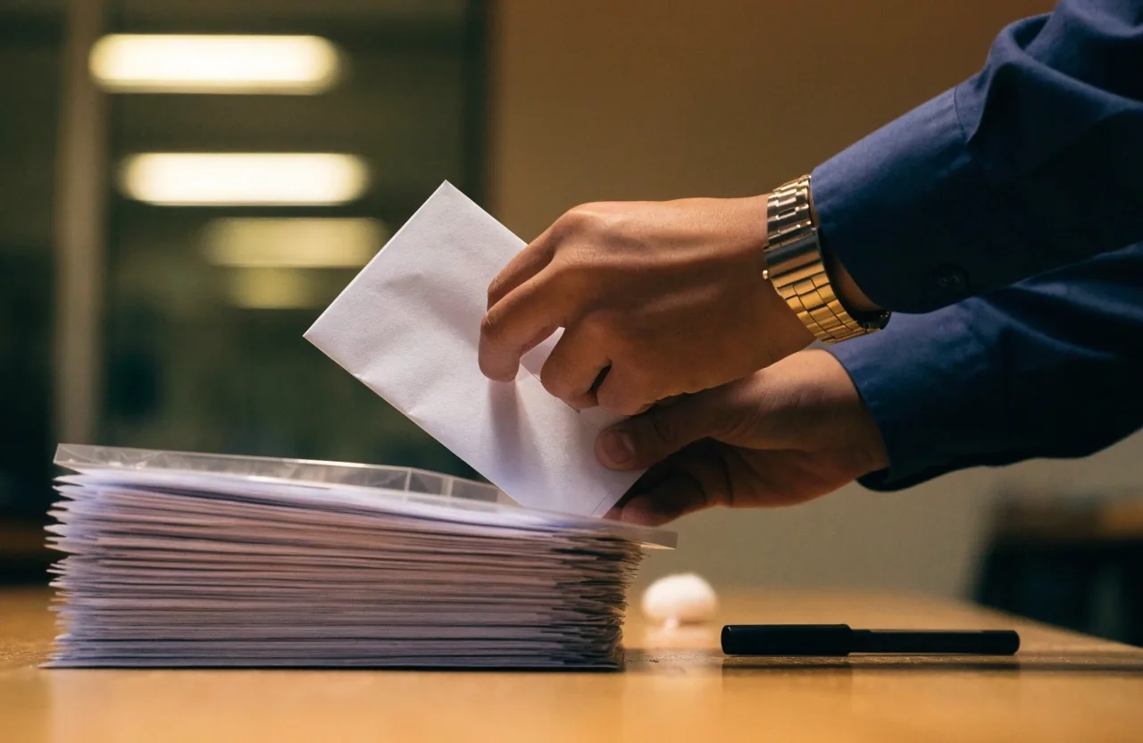Vista cenital de un mostrador de registro con sobres sin marcar, tampón y bolígrafo bajo luz natural