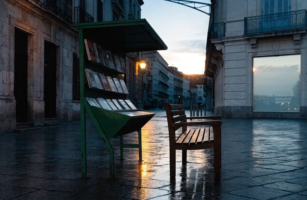 Calle europea al amanecer después de la lluvia, con reflejos de luz de sodio sobre el asfalto