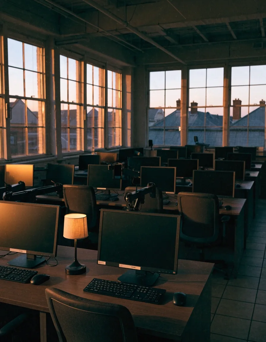 Interior de la redacción al atardecer, con las mesas de trabajo y las ventanas a la ciudad