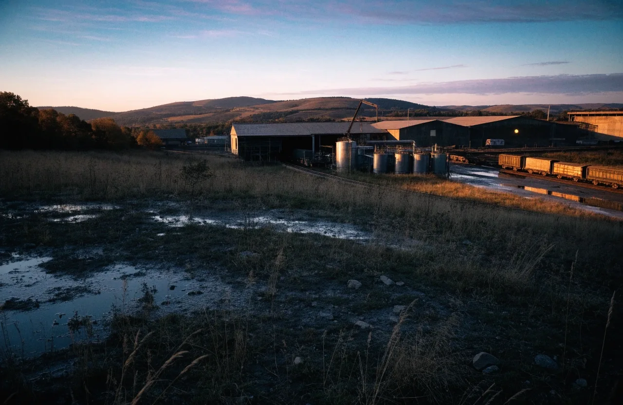 Polígono industrial y vía de tren de mercancías al atardecer, vistos desde una colina cercana