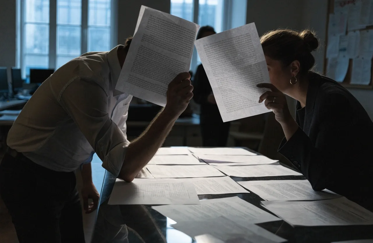 Manos comparando documentos sobre una mesa, con las páginas giradas para que no se lea su contenido