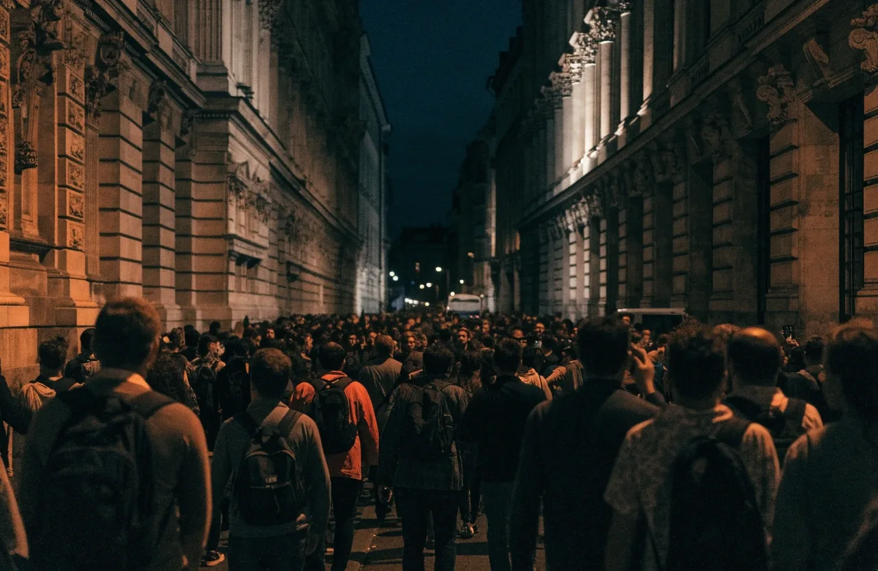 Marcha nocturna por el coste de vida recorriendo una calle europea entre fachadas de piedra