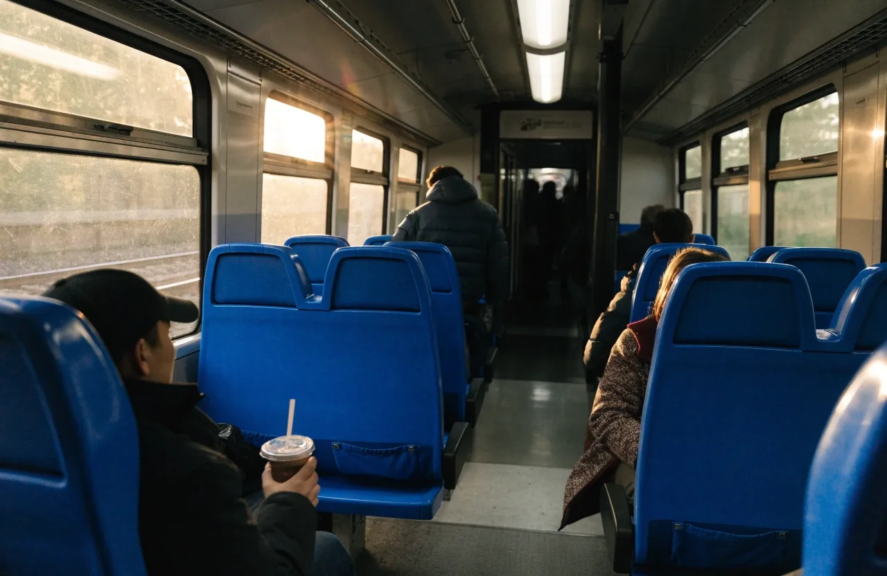 Andén de estación al amanecer con una sola persona esperando junto al borde y las vías mojadas