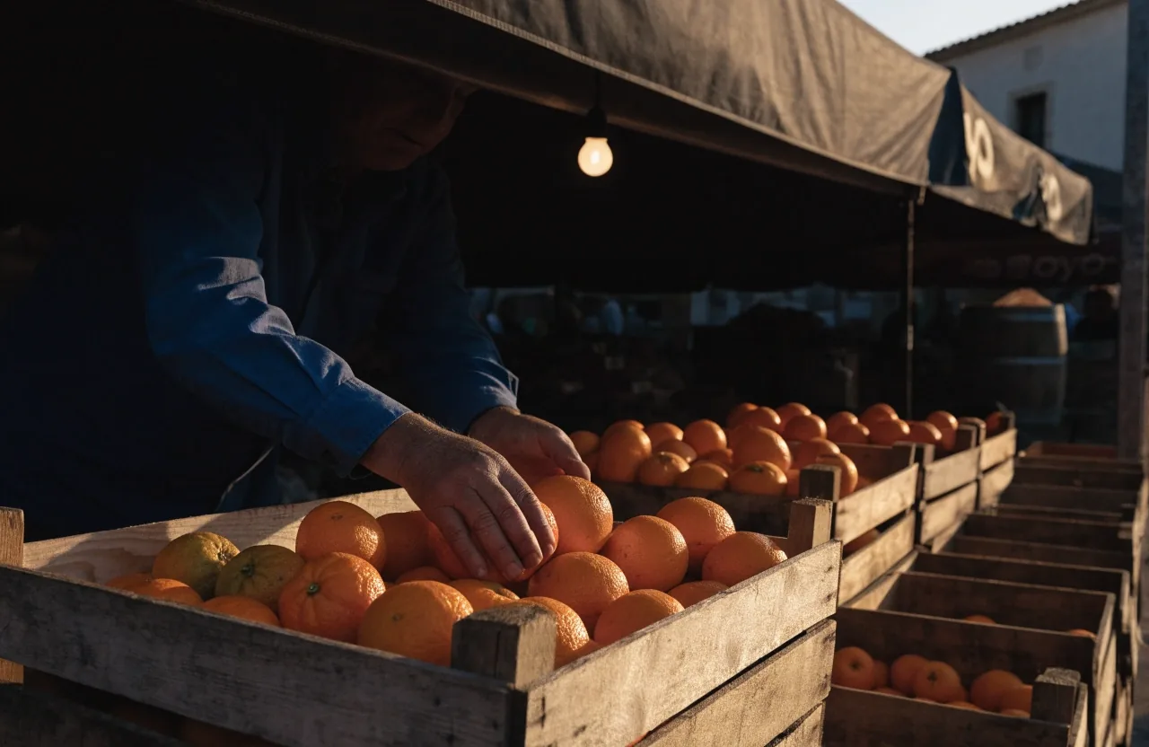Manos de un vendedor colocando naranjas en una caja de madera en un puesto de mercado al atardecer