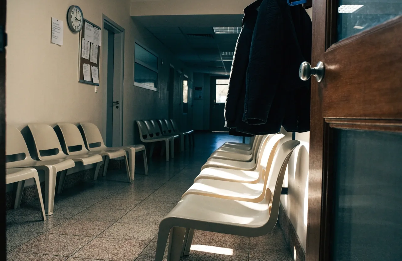 Sala de espera de un centro de salud con sillas vacías y luz de media mañana entrando por un cristal esmerilado