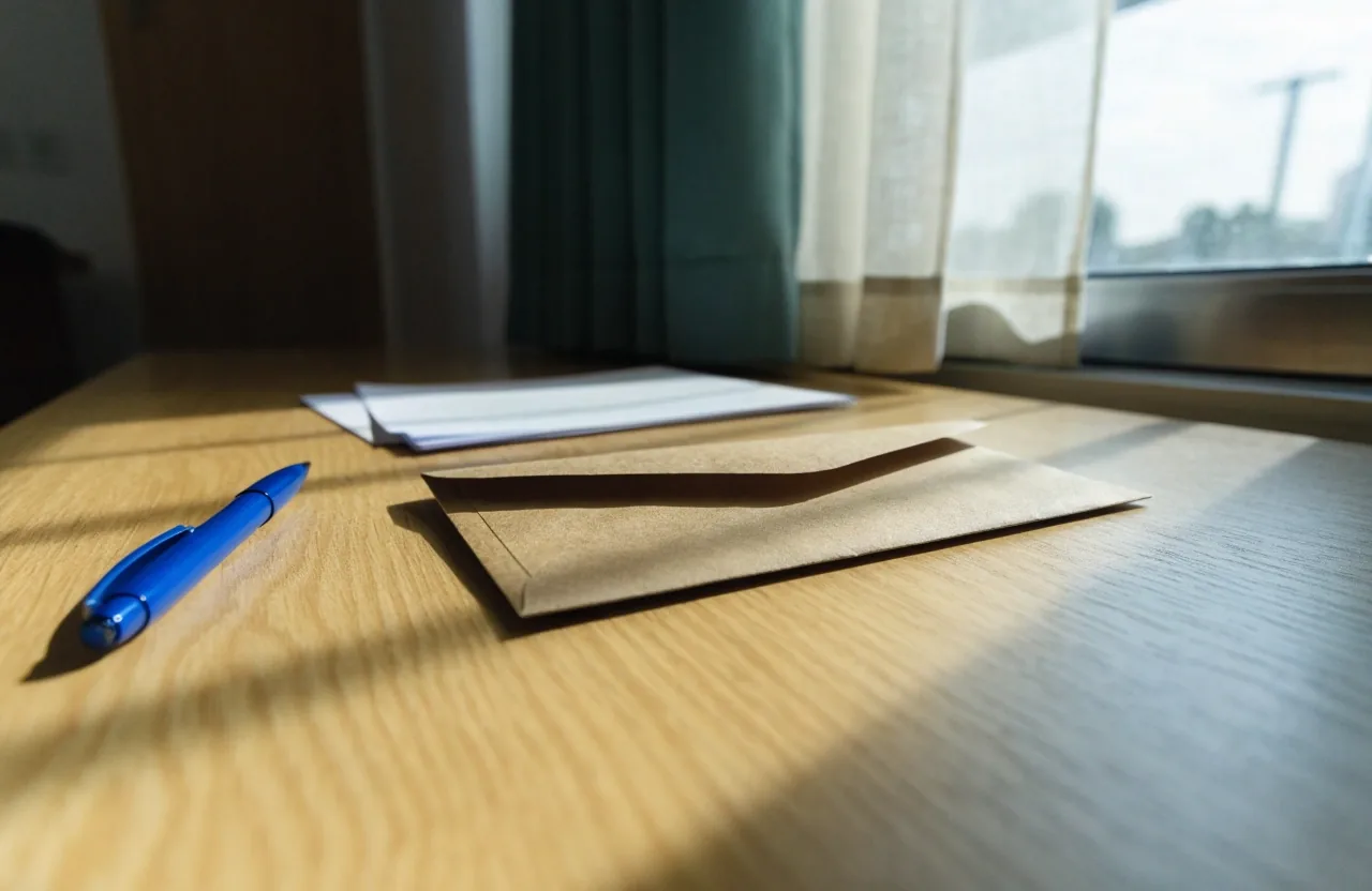 Sobre oficial sin abrir, un bolígrafo y una pila de papel sobre una mesa de madera