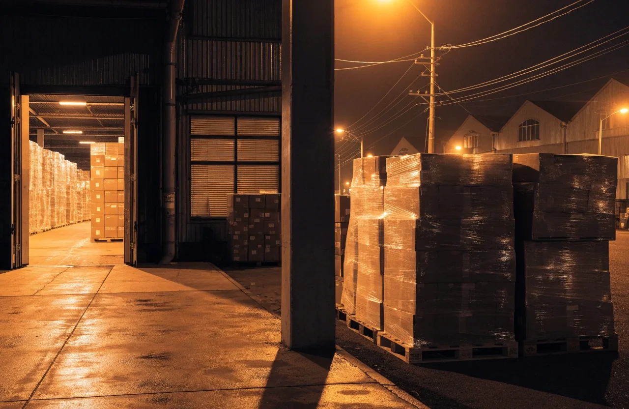 Muelle de carga de un almacén de exportación en un polígono industrial asiático durante la noche