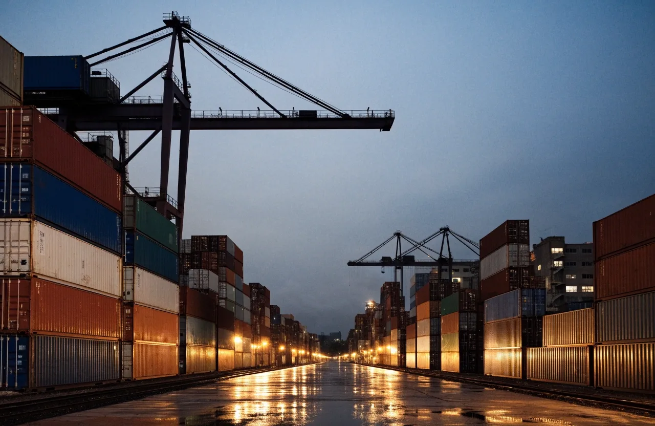 Patio de contenedores y terminal ferroviaria de mercancías en un distrito industrial asiático al anochecer