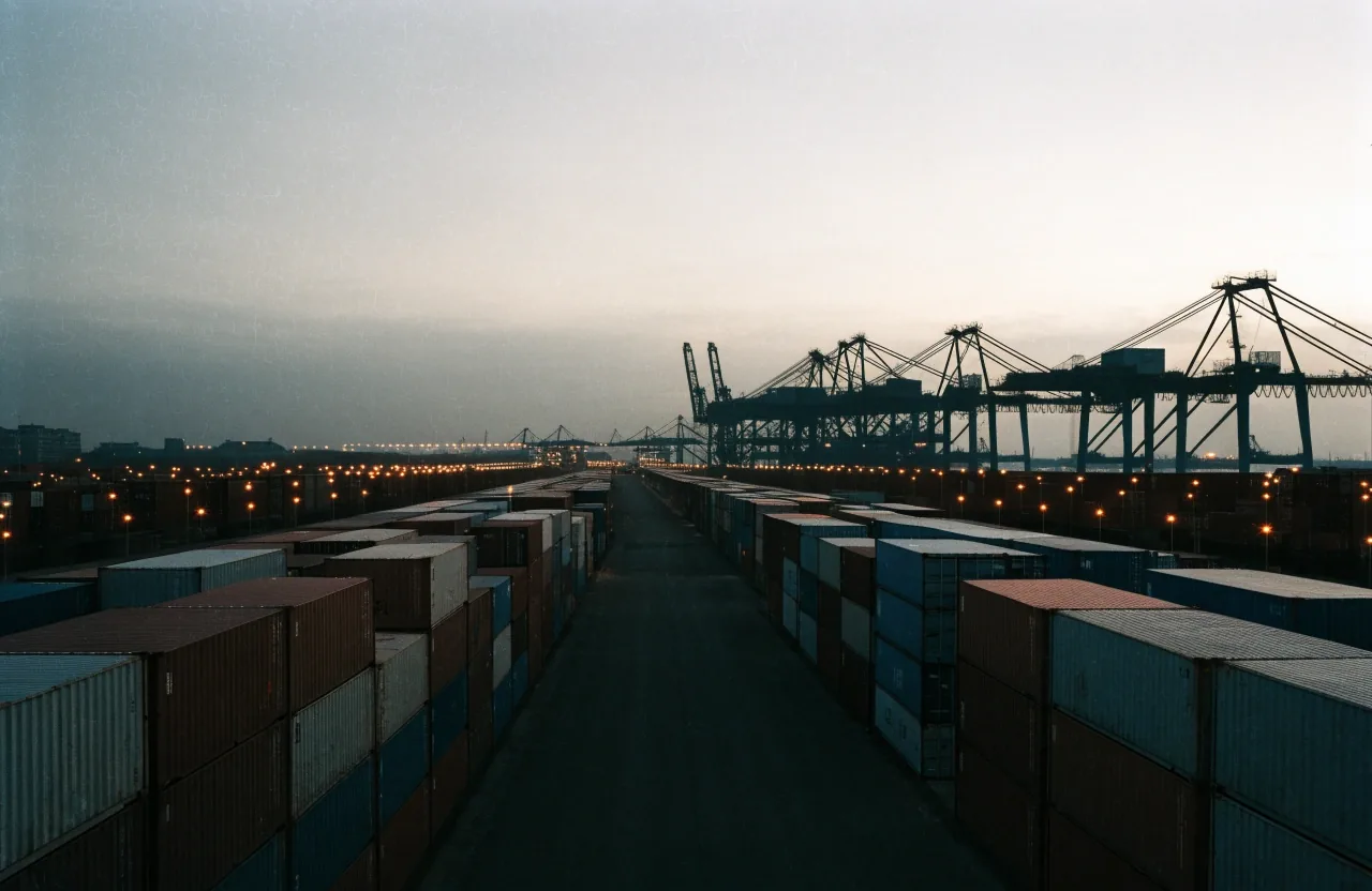 Terminal de contenedores al amanecer con grúas en silueta
