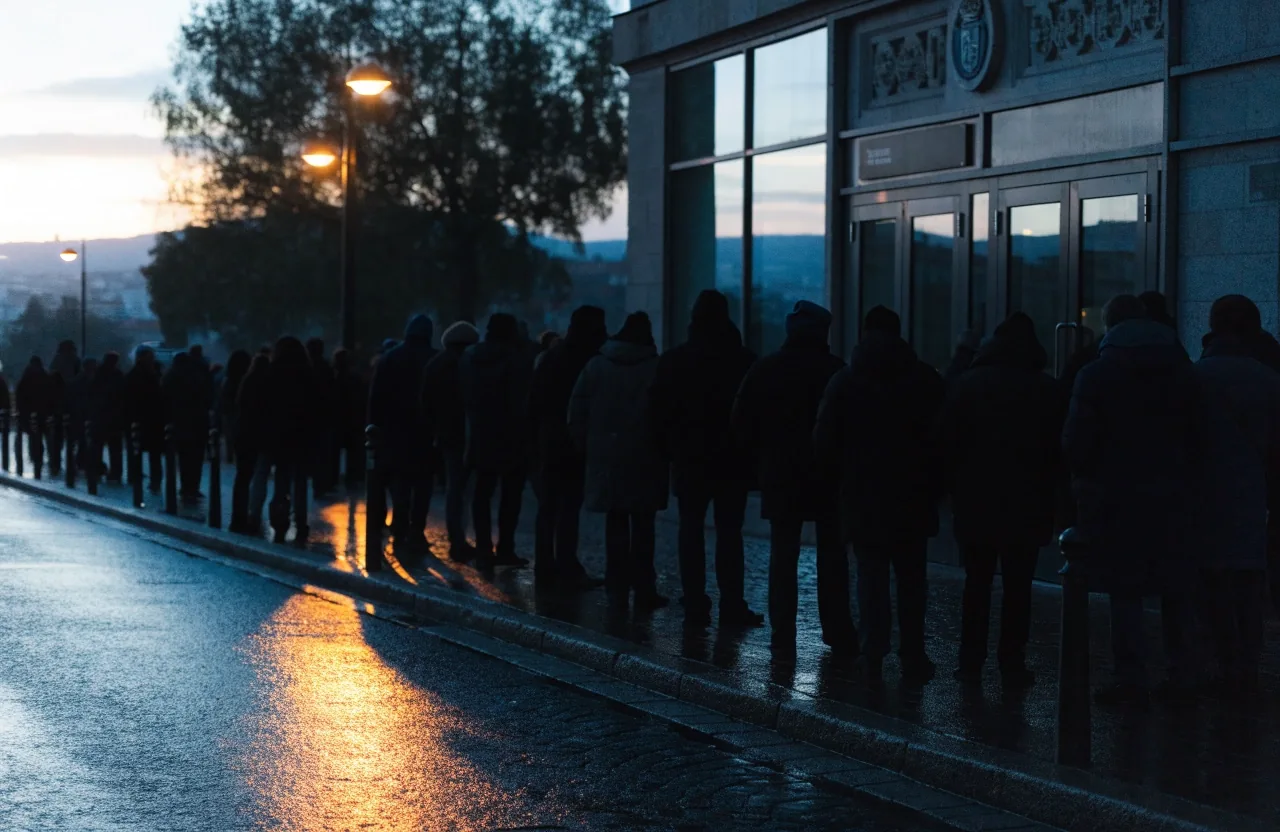 Cola de adultos esperando a primera hora ante la puerta de una oficina pública