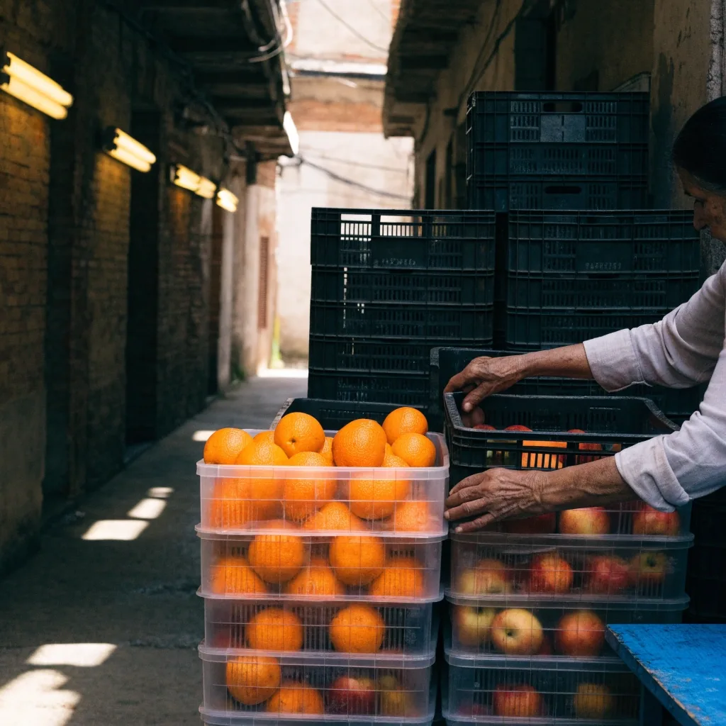 Manos de una vendedora colocando fruta en cajas en el pasillo de un mercado