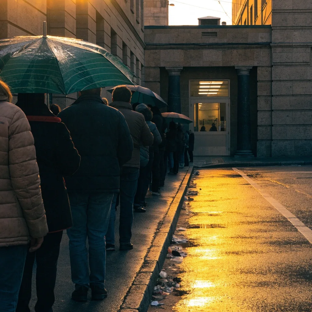 Cola de adultos esperando frente a una oficina pública española al amanecer, vista desde la acera de enfrente