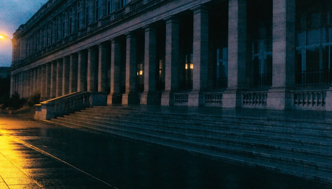 Escalinata y columnata de un edificio institucional español al atardecer, vista desde la acera de enfrente