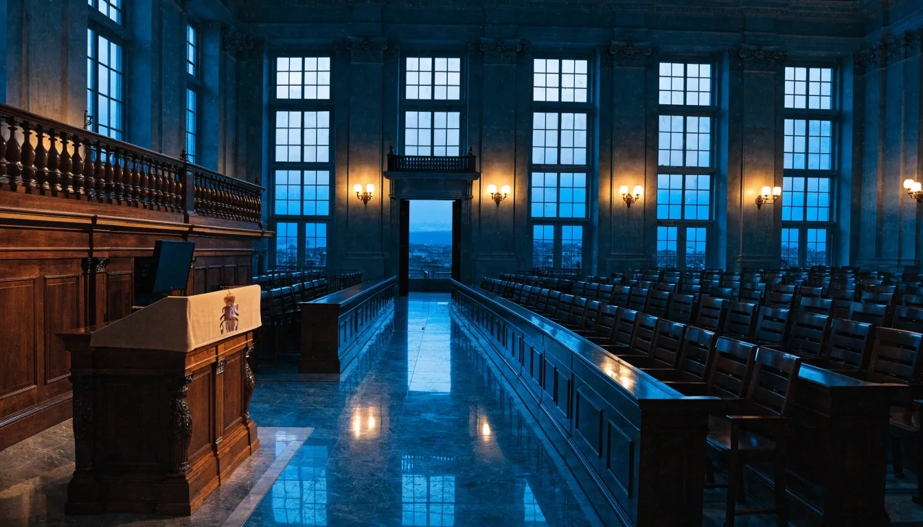 Hemiciclo parlamentario casi vacío al atardecer, con escaños de madera y la tribuna sin ocupar