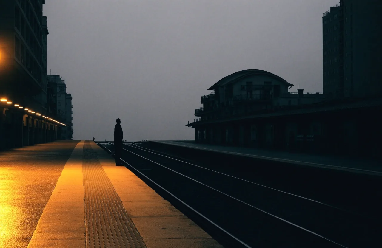 Andén de cercanías al amanecer, con una persona esperando junto al borde