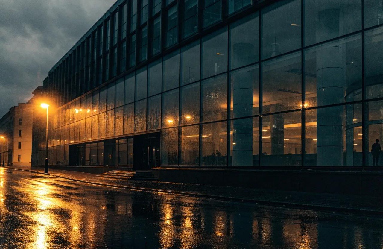 Fachada de oficinas en Barcelona al anochecer, con luz de sodio sobre la calzada mojada