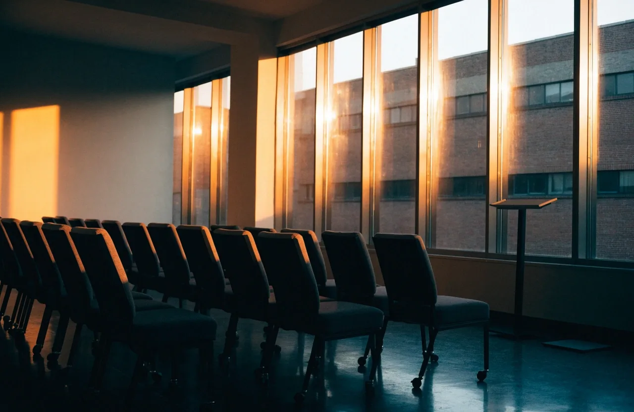 Sala de prensa vacía al atardecer en un edificio institucional español, con sillas desocupadas y luz cálida entrando por los ventanales.