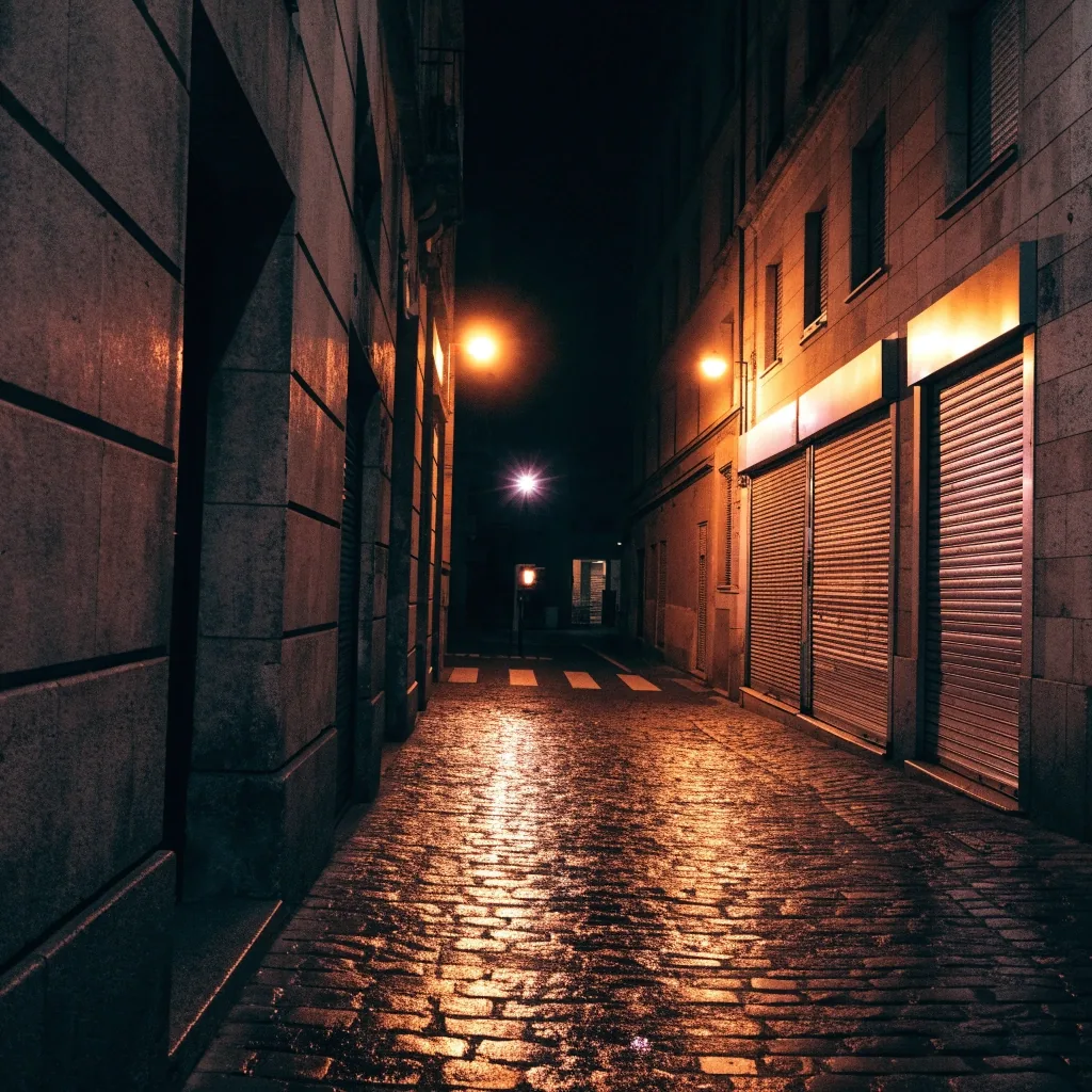 Avenida europea de madrugada tras la lluvia, con charcos reflejando la luz ámbar de las farolas