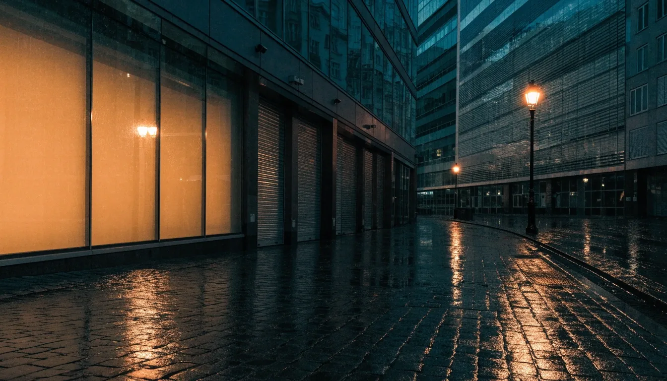 Fachada de un edificio administrativo bajo la lluvia nocturna, reflejada en la acera