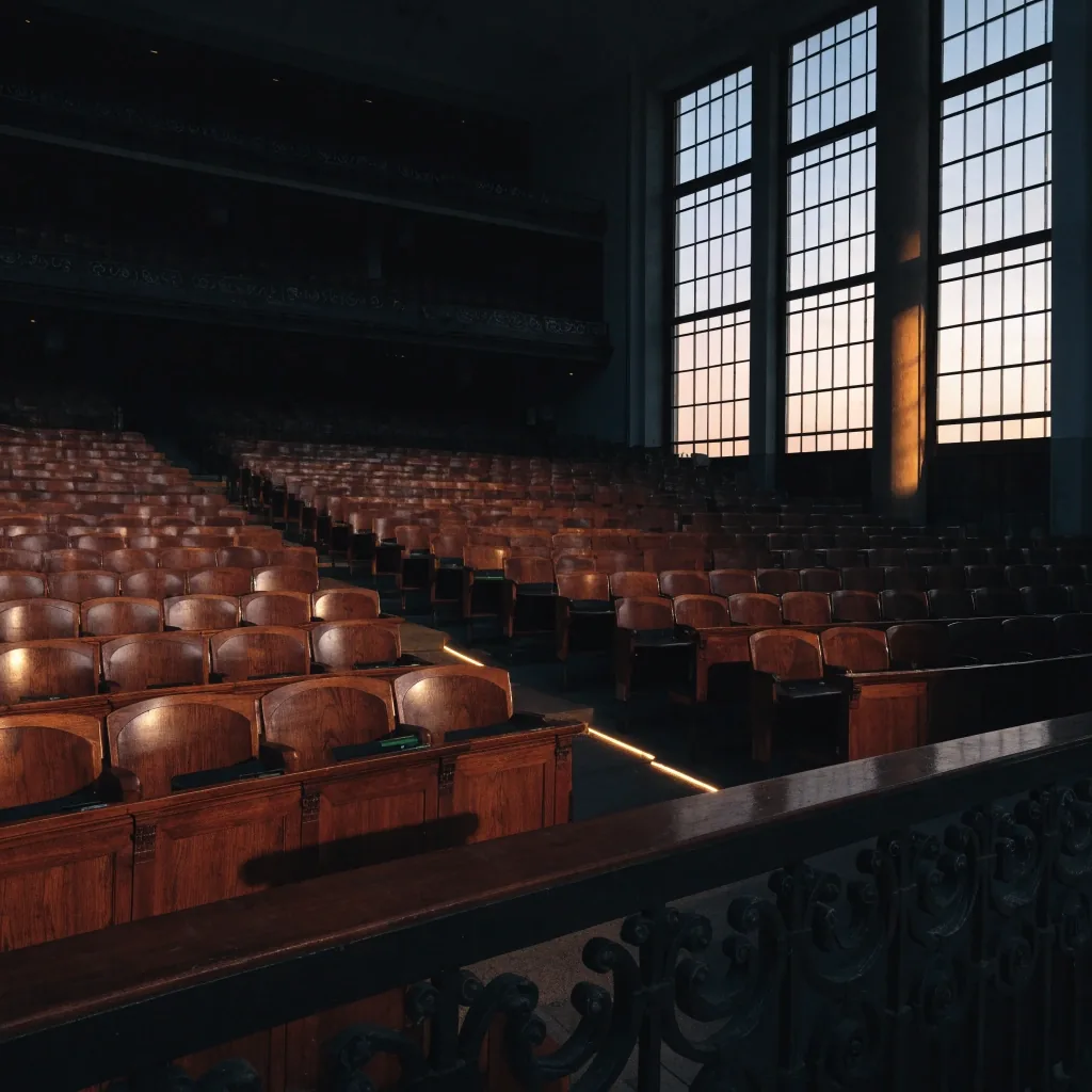 Hemiciclo parlamentario casi vacío al atardecer, visto desde la tribuna del público