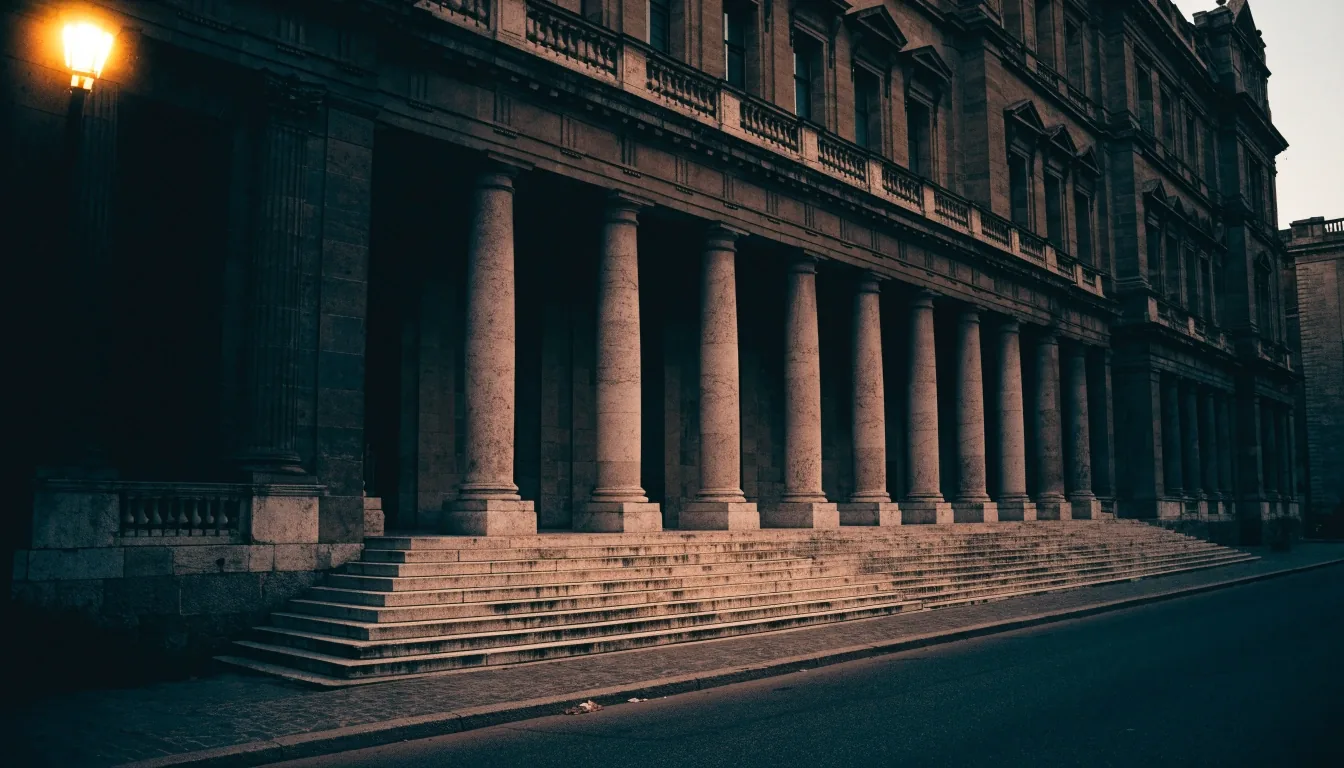Escalinata y columnata de un edificio institucional español al atardecer, vista desde la calle