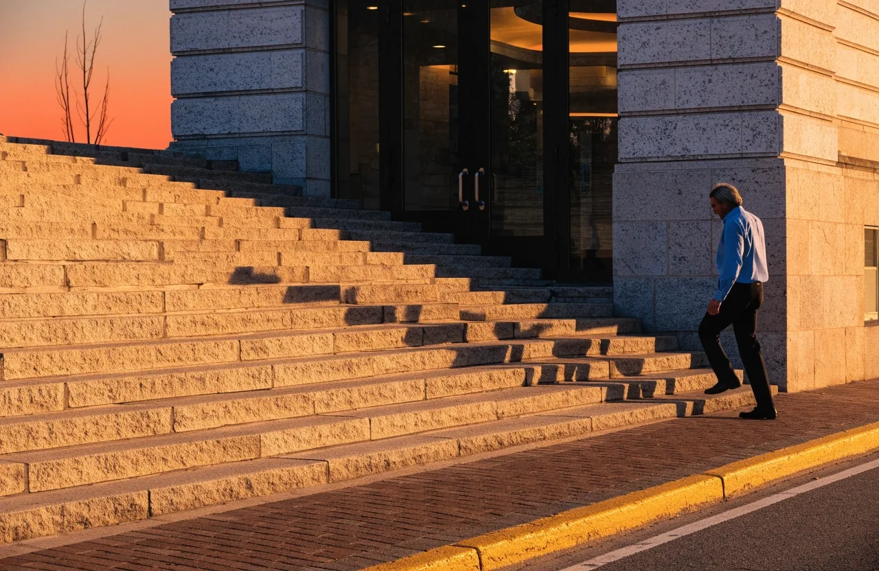 Entrada de un edificio administrativo municipal al atardecer con una persona bajando las escaleras