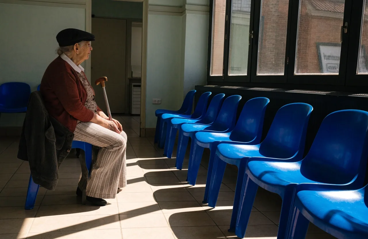Pasillo de un centro de salud público con sillas de espera y una paciente sentada al fondo