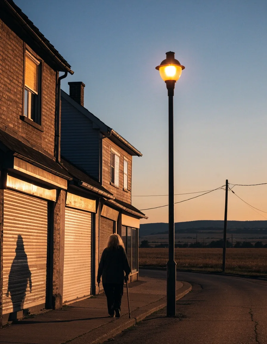 Calle principal de un municipio pequeño del interior al anochecer, con persianas bajadas y una sola luz encendida