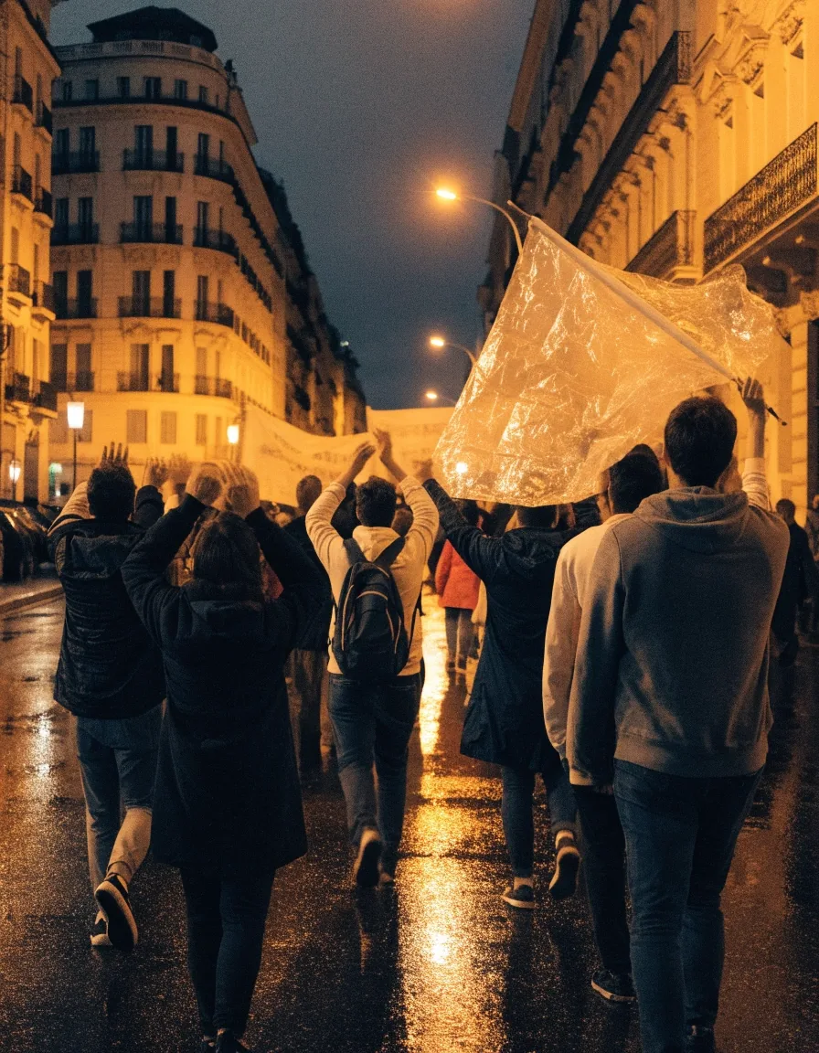 Manifestantes de espaldas en una avenida al anochecer durante una concentración por el coste de la vida