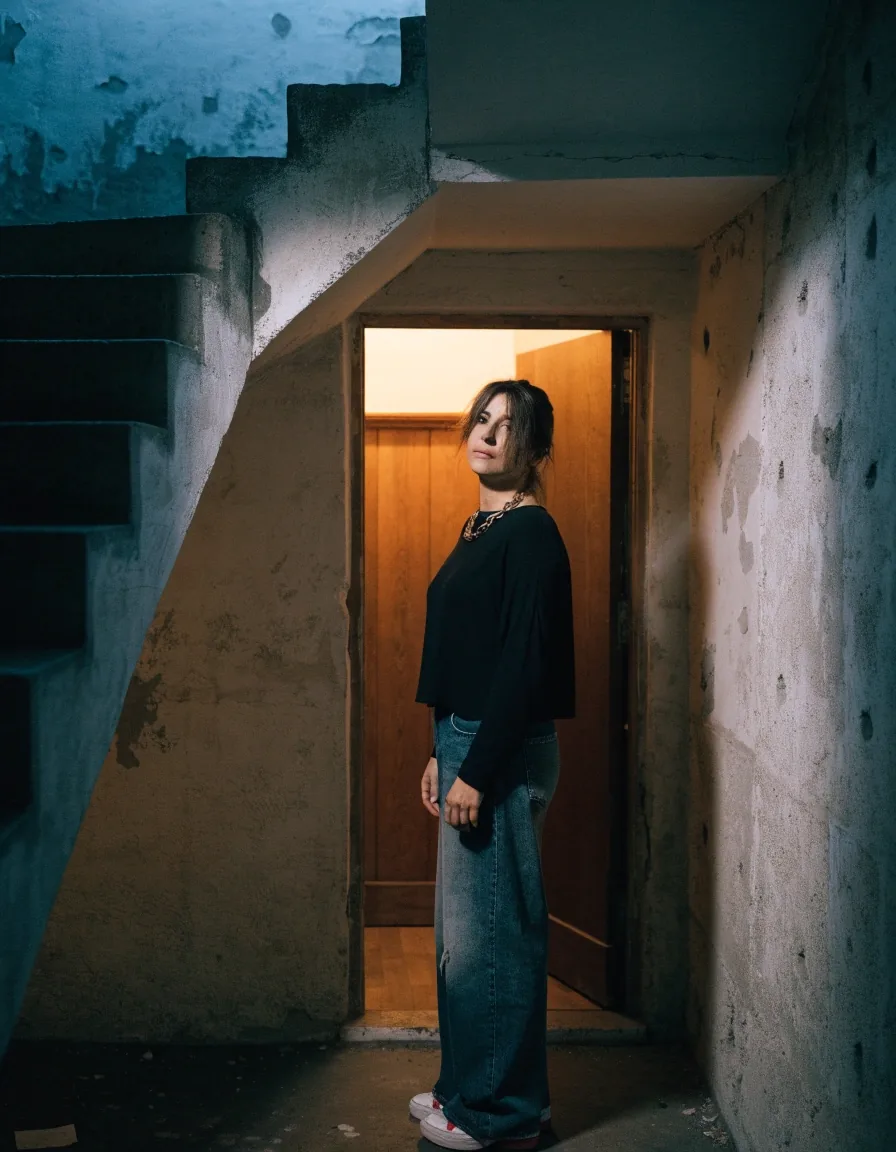 Retrato documental de una mujer de mediana edad en la puerta de su vivienda en un bloque de ciudad