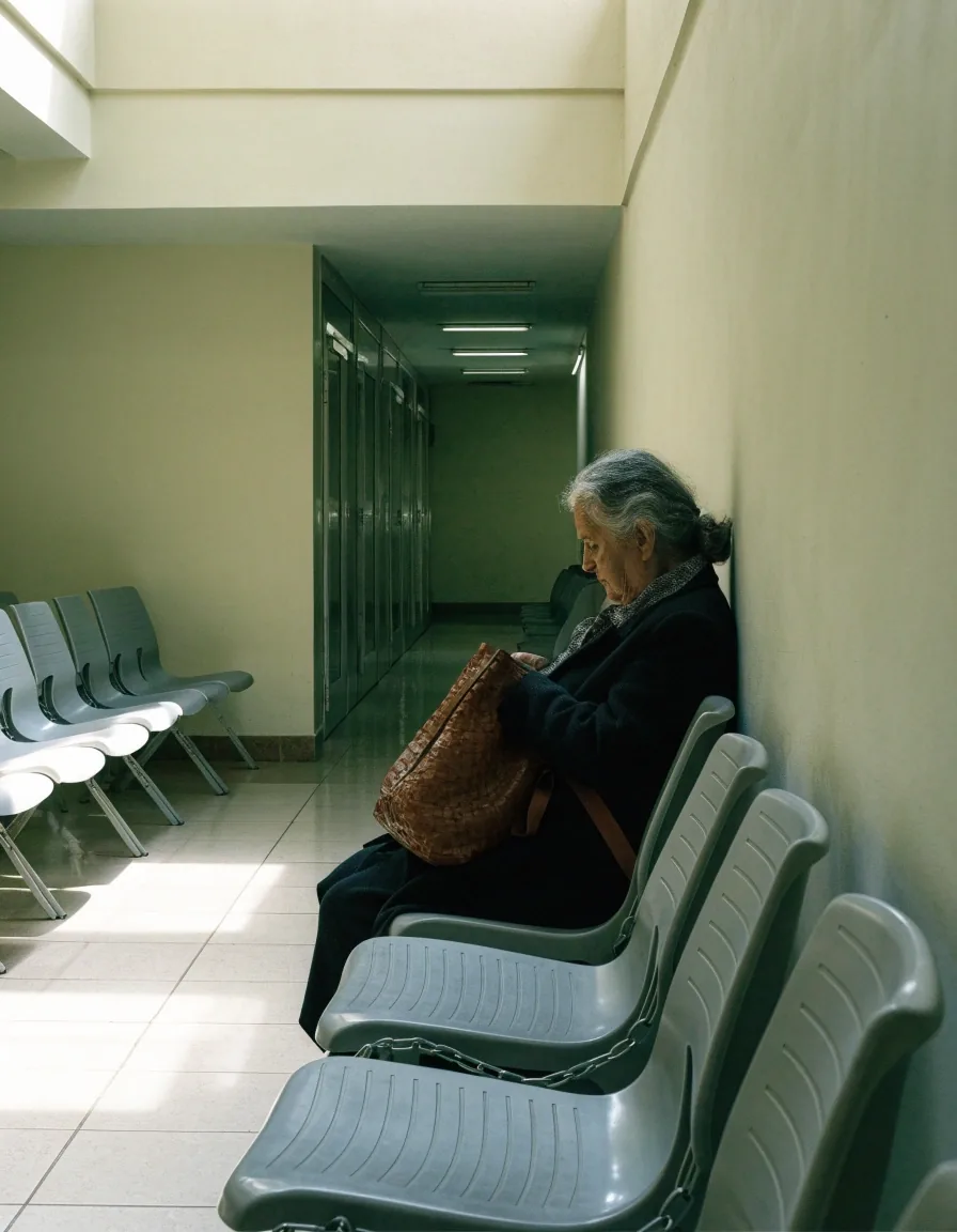 Sala de espera de un centro de salud público por la mañana, con una mujer mayor sentada de perfil