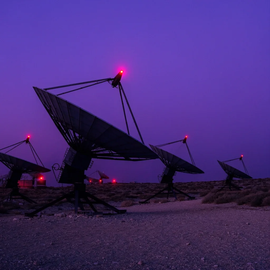 Campo de antenas parabólicas en una ladera al atardecer con luz ámbar en el borde