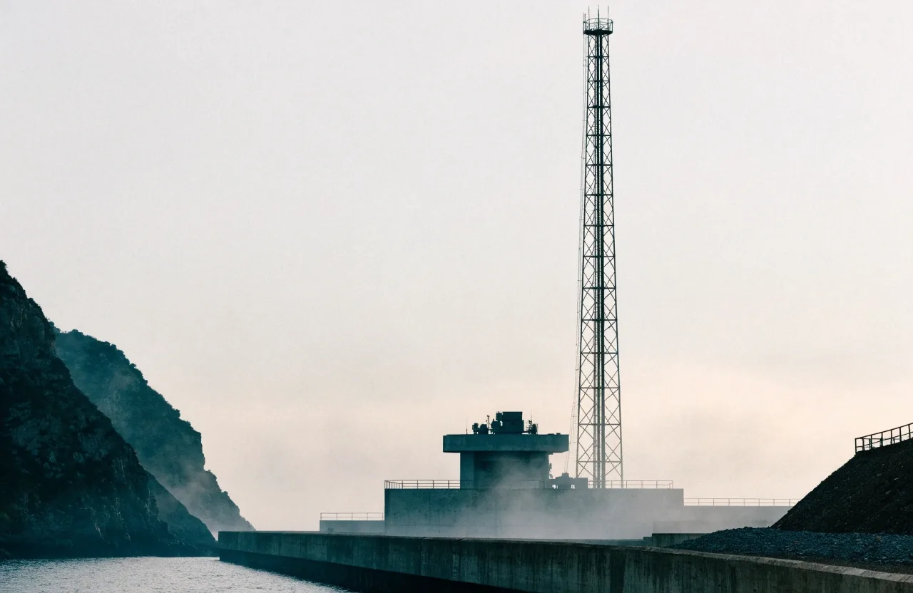 Plataforma de lanzamiento al amanecer vista desde lejos, con la torre metálica recortada sobre un cielo gris