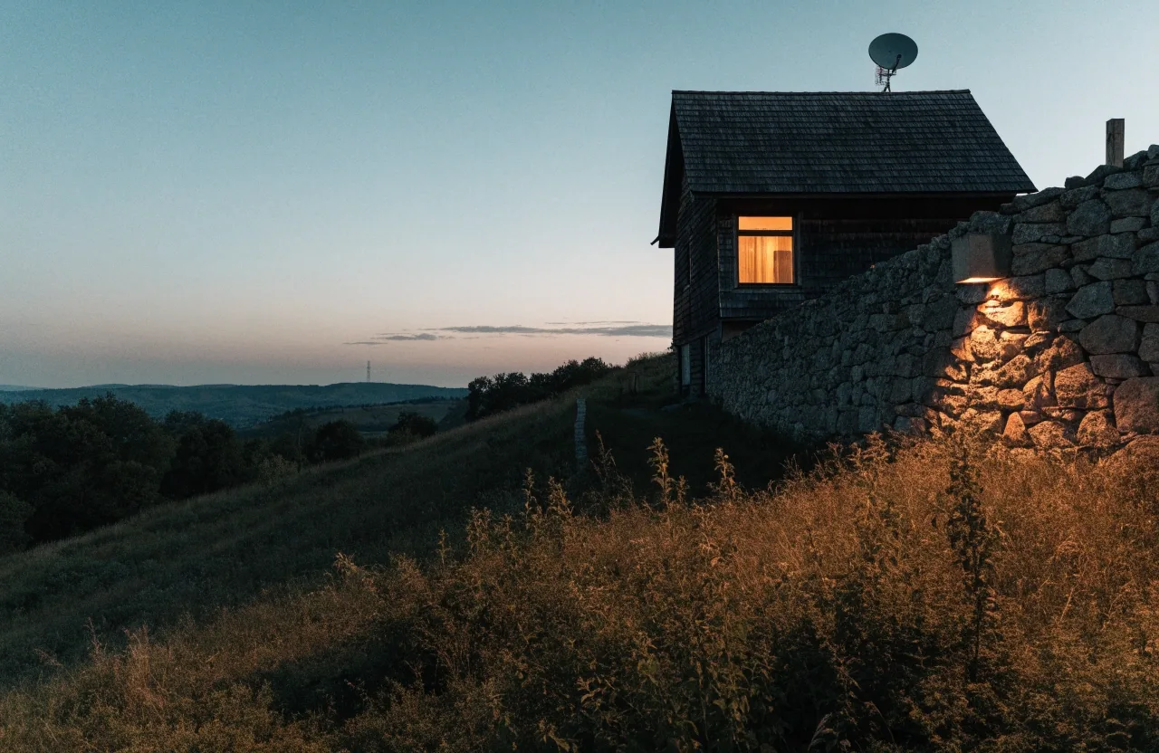 Vivienda rural de noche con antena de internet por satélite en el tejado y luz cálida en la ventana