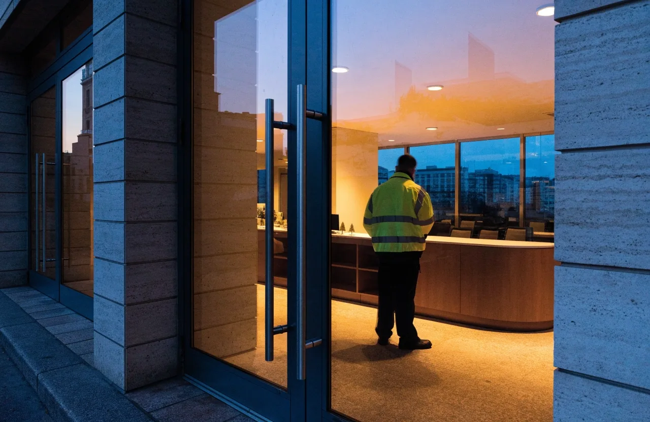Fachada de un edificio de oficinas en Barcelona al atardecer, con reflejos de luz en el pavimento mojado