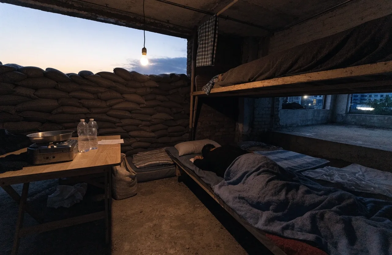 Sala de refugio civil iluminada por una lámpara de trabajo, con sacos de arena y mantas apiladas