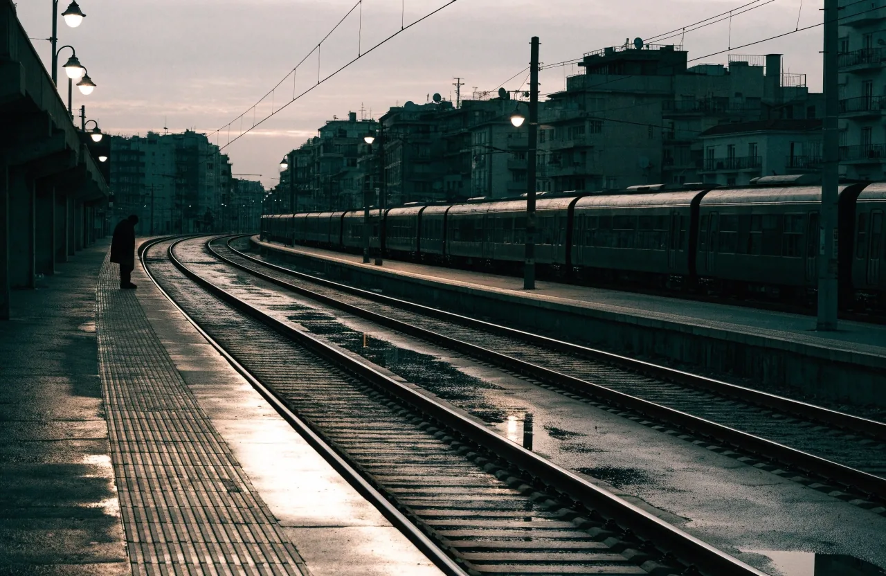 Andén de cercanías al amanecer con una sola silueta esperando el tren